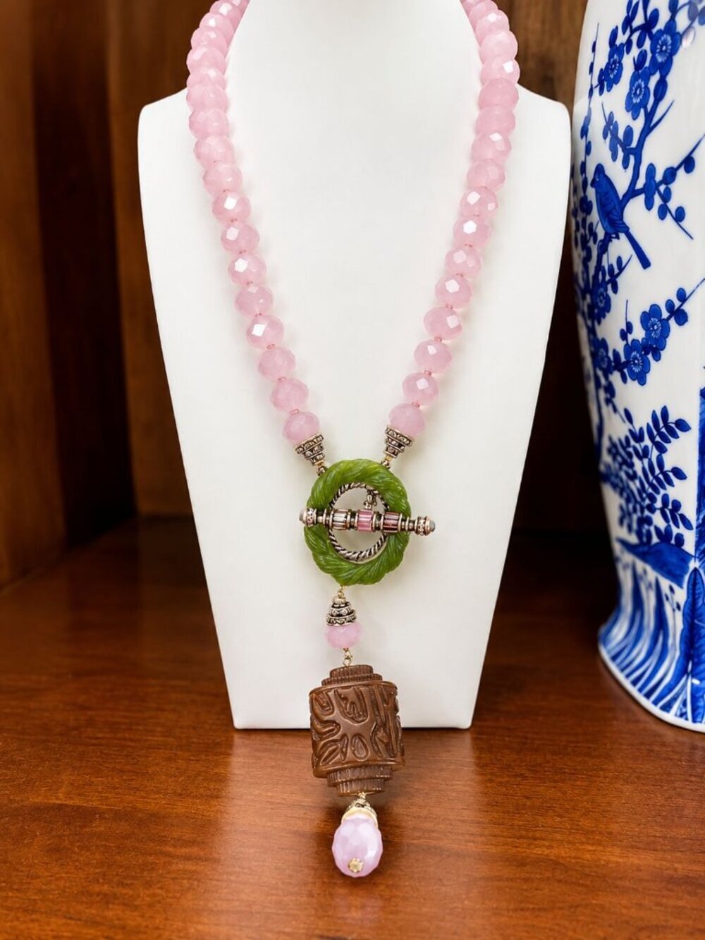 Heidi Daus Asian Inspired Rose Quartz Swarovski Crystal Toggle Necklace - Picture 7 of 8